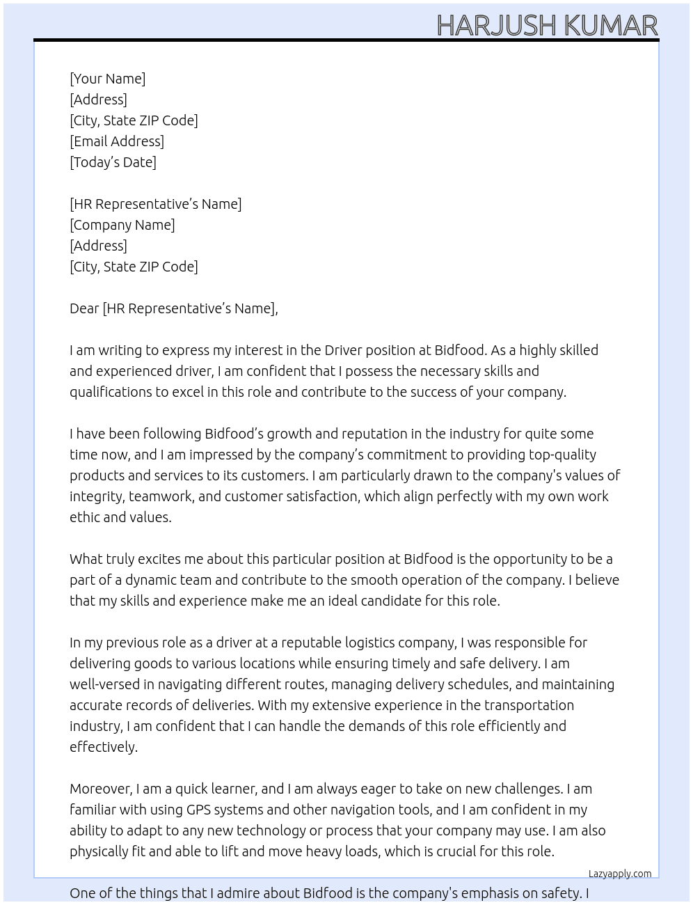 Driver  At Bidfood Cover Letter