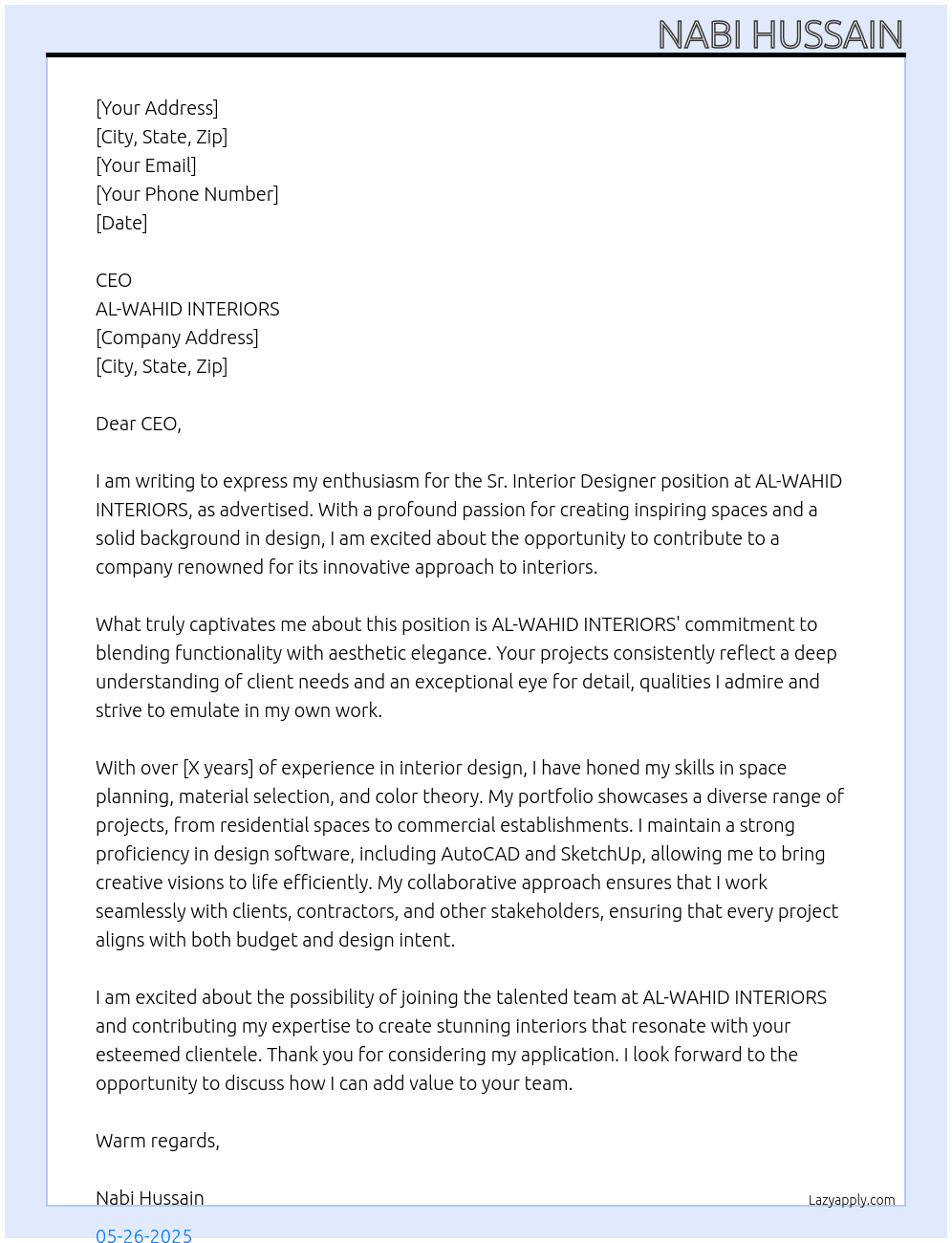 Sr. Interior Designer At AL-WAHID INTERIORS Cover Letter