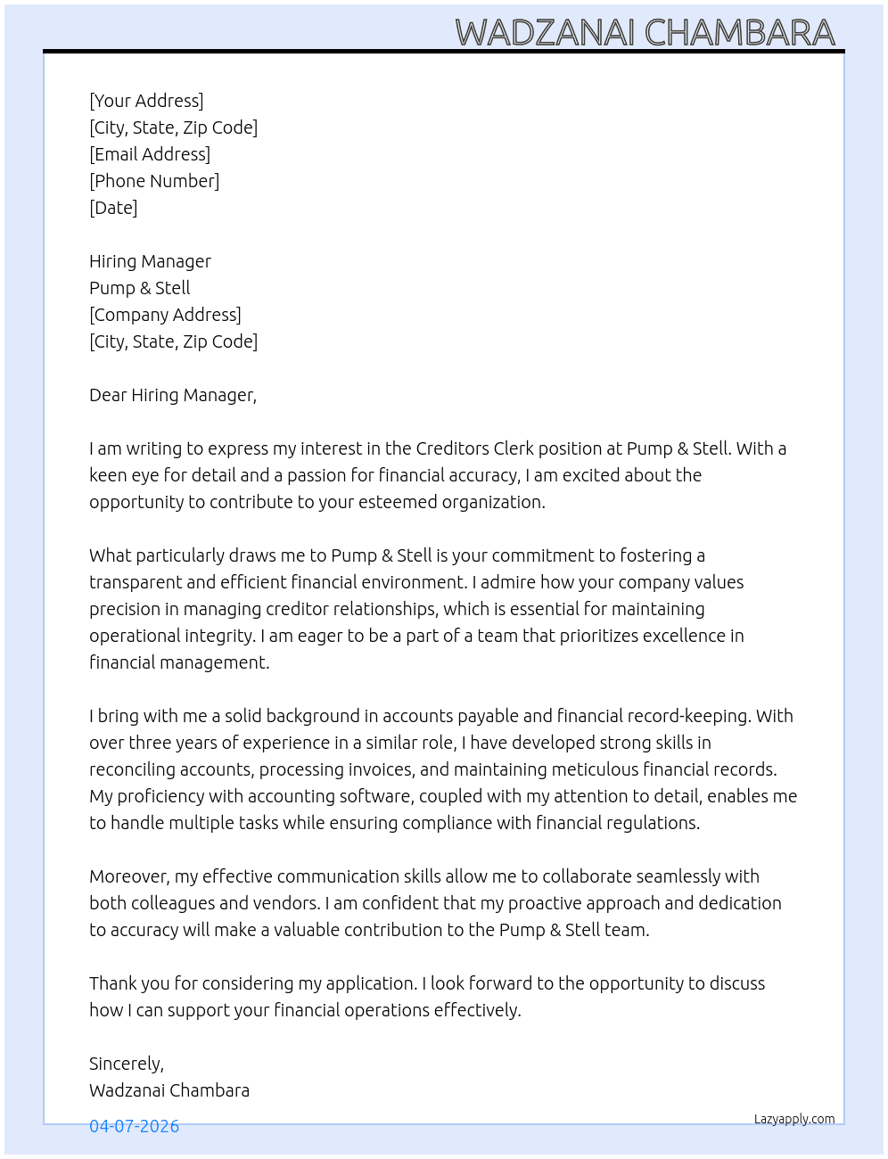 Creditors Clerk  At Pump & Stell Cover Letter