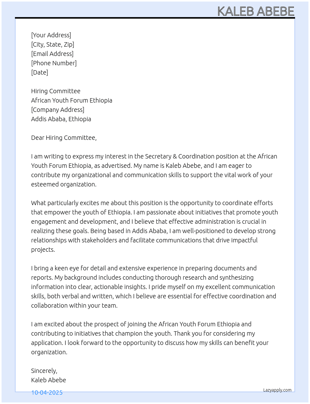Cover letter for secretary % coordination - LazyApply