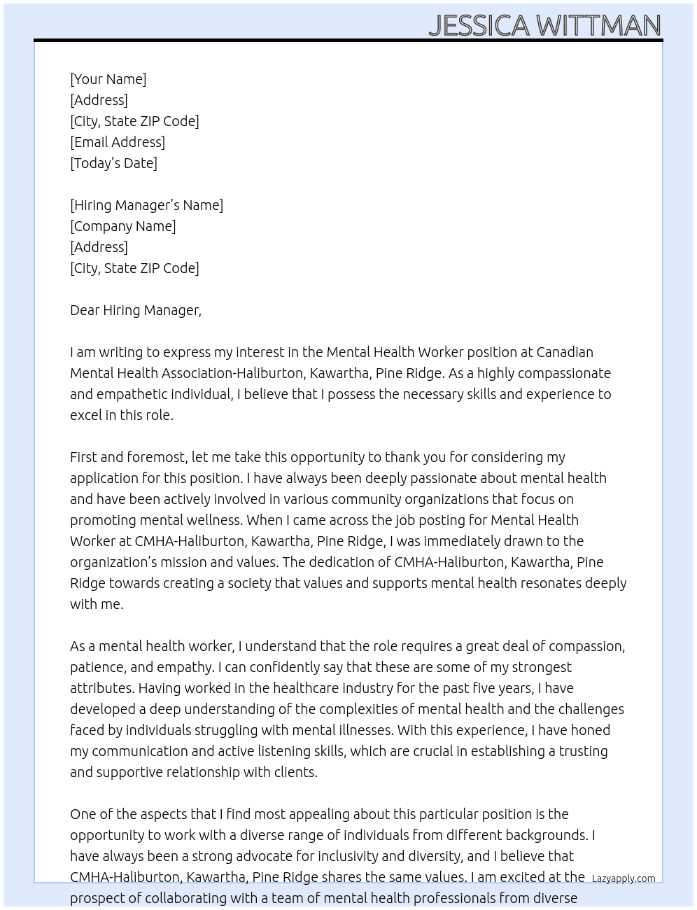 Mental Health Worker At Canadian Mental Health Association-Haliburton, Kawartha, Pine Ridge Cover Letter