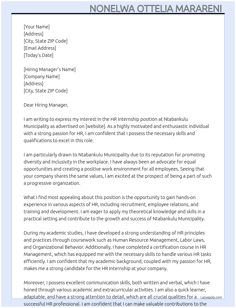 HR Internship  At Ntabankulu Municipality  Cover Letter