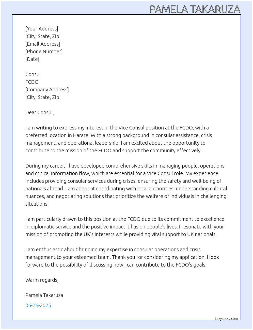 Vice Consul At FCDO Cover Letter