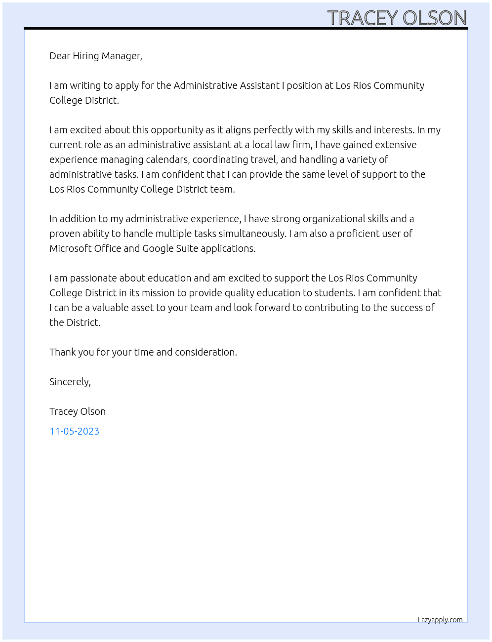 Administrative Assistant I At Los Rios Community College District Cover Letter