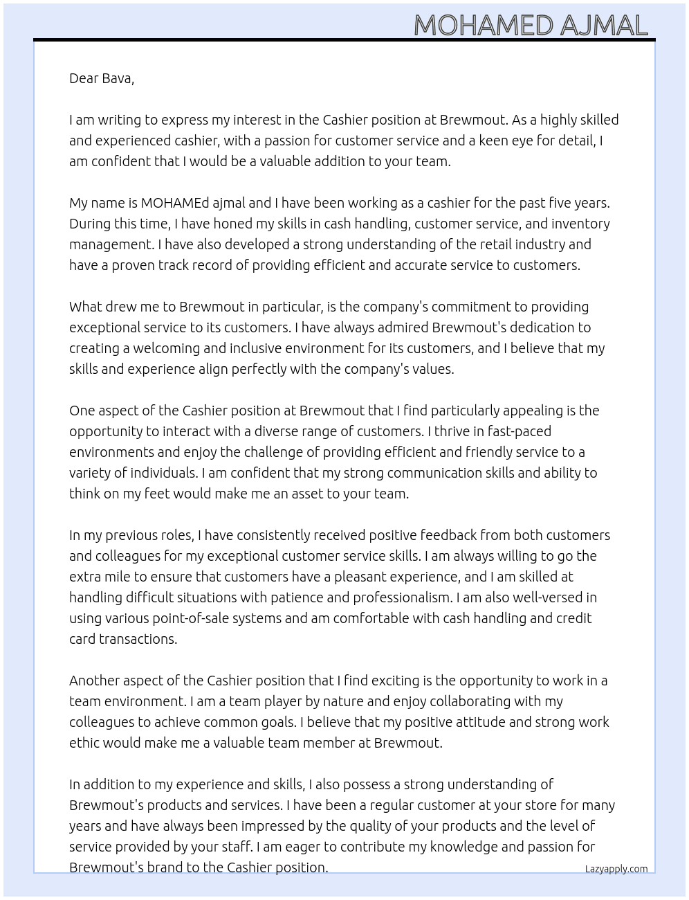 Cashier  At Brewmout  Cover Letter