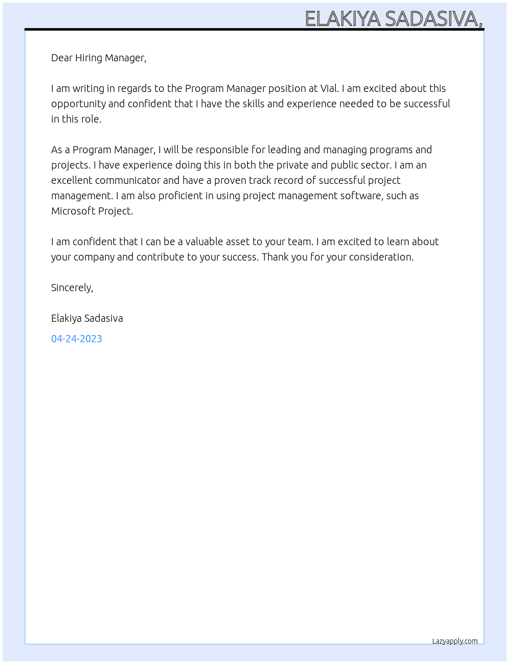 Program Manger At Vial Cover Letter
