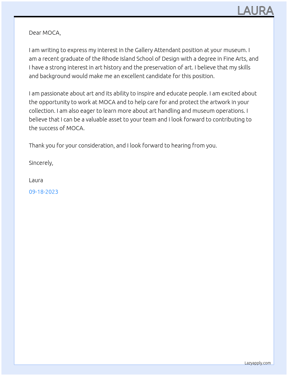 gallery attendant At MOCA Cover Letter