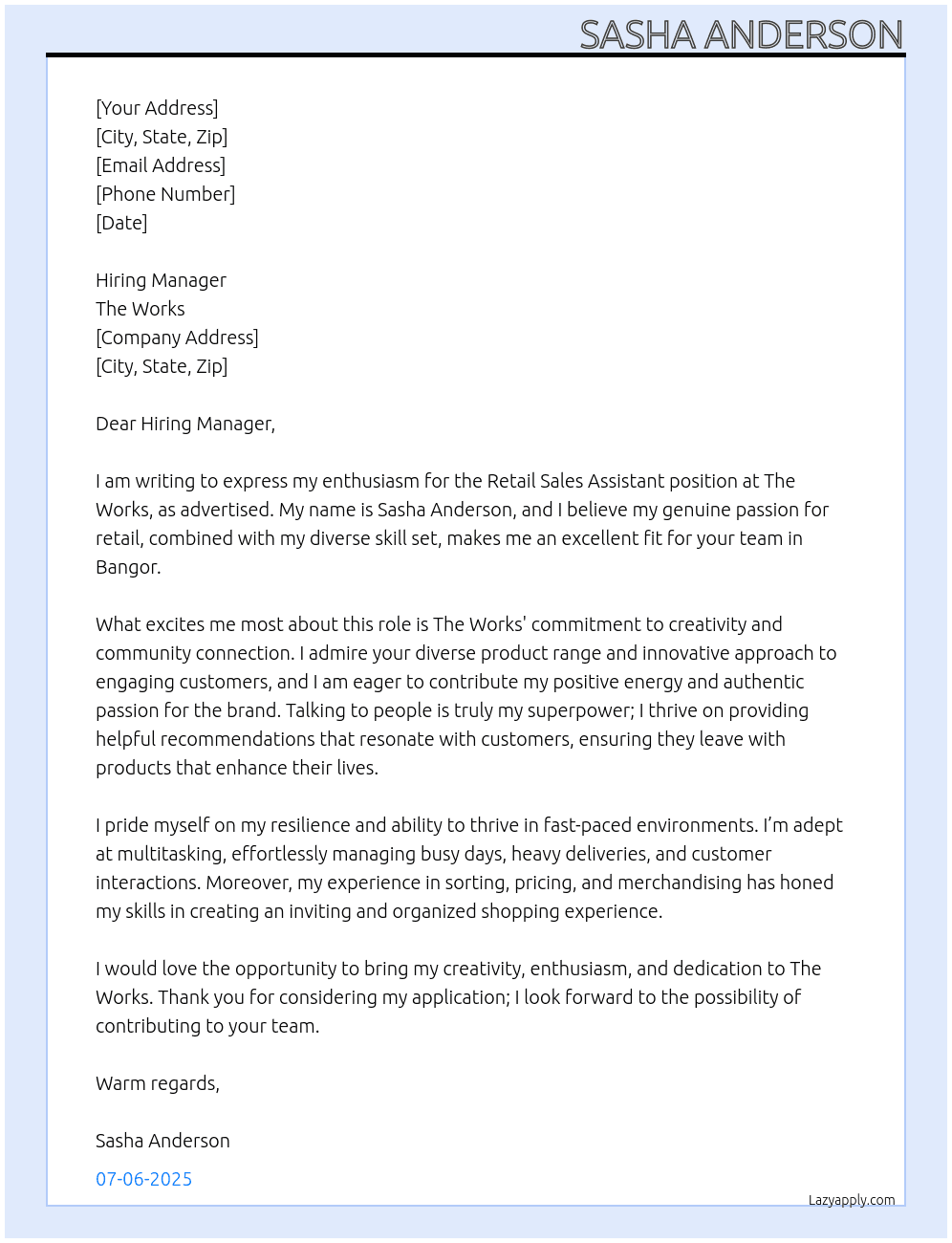 Retail Sales Assistant At The Works Cover Letter
