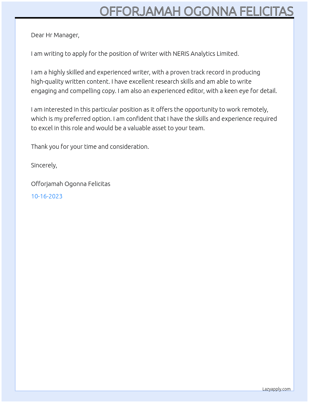 Writer At NERIS Analytics Limited Cover Letter