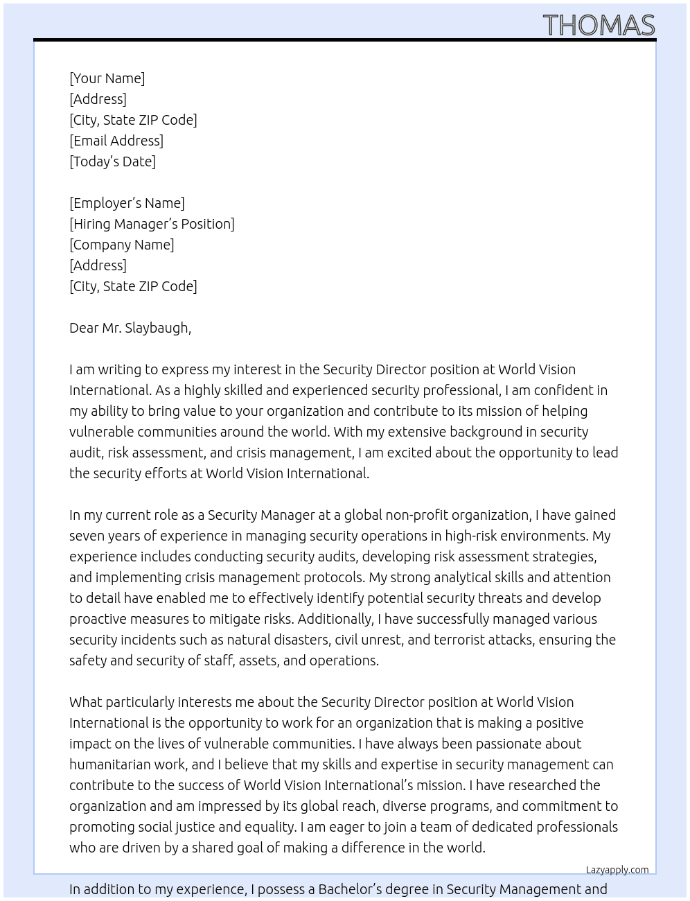 Security Director At World Vision International Cover Letter