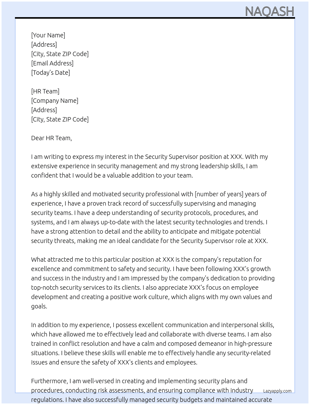 Security Supervisor  At XXX Cover Letter