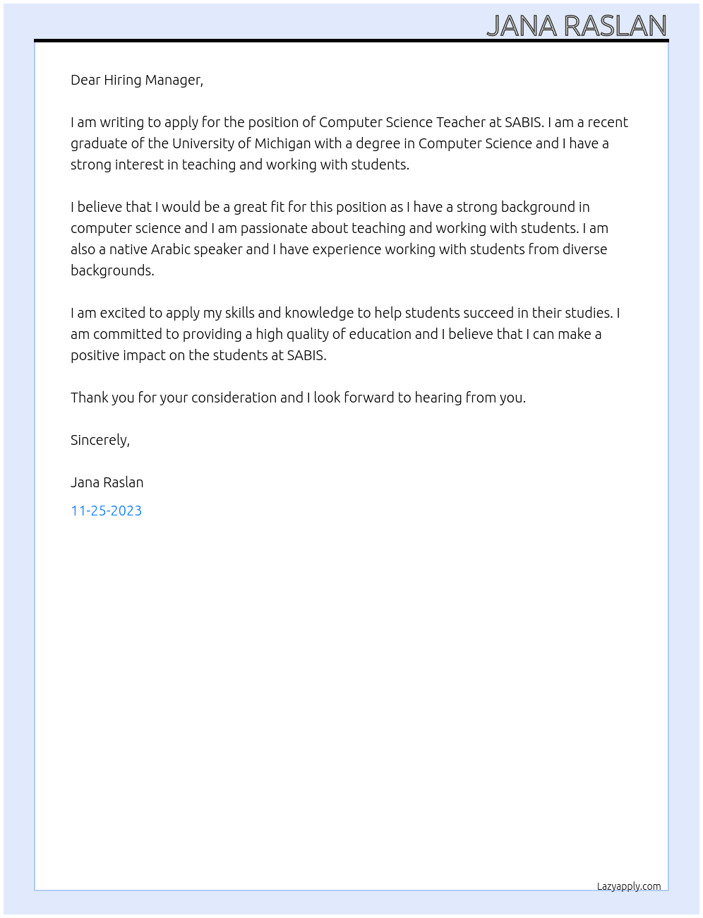 Computer Science Teacher At SABIS Cover Letter