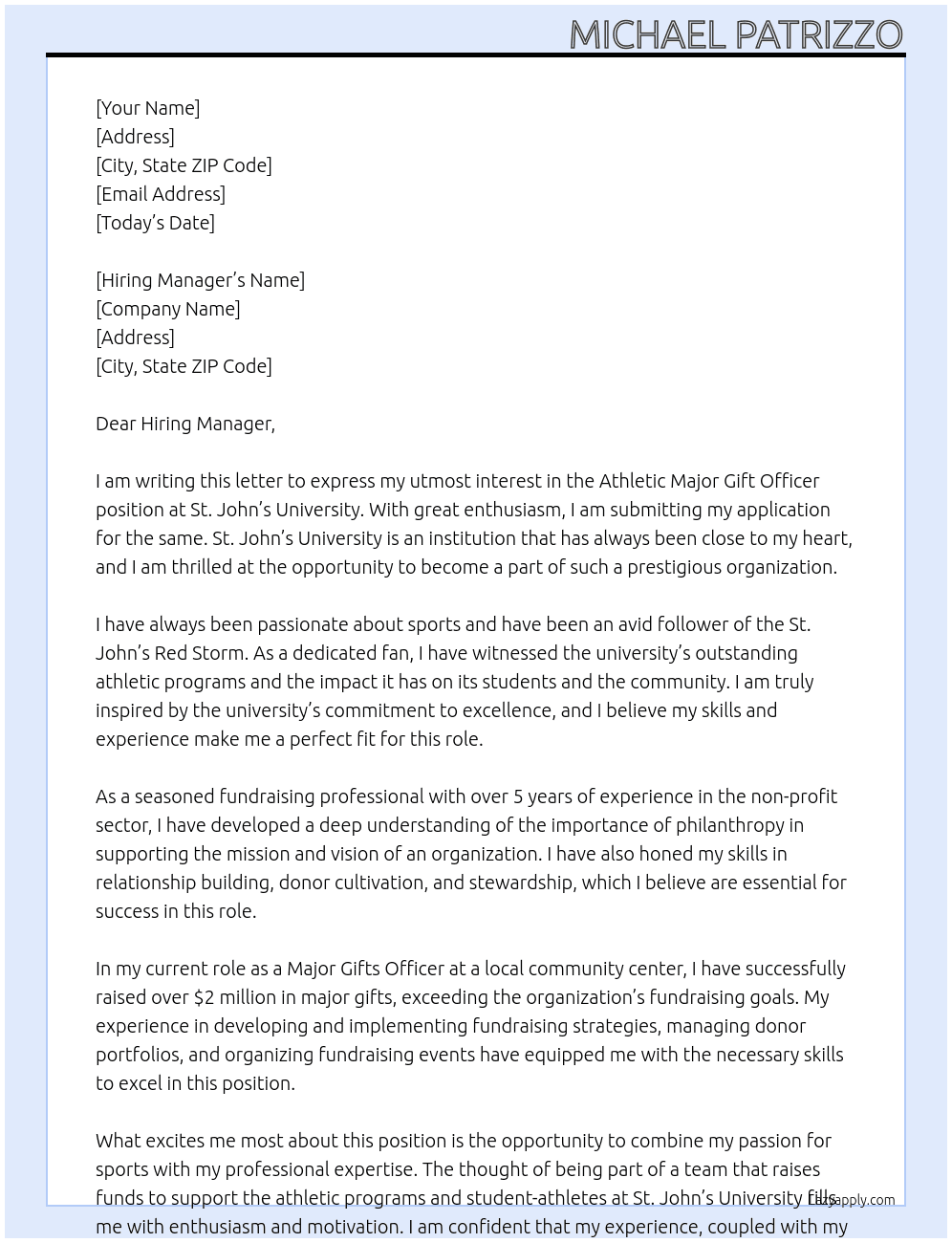 Athletic Major Gift Officer At St. John's University Cover Letter