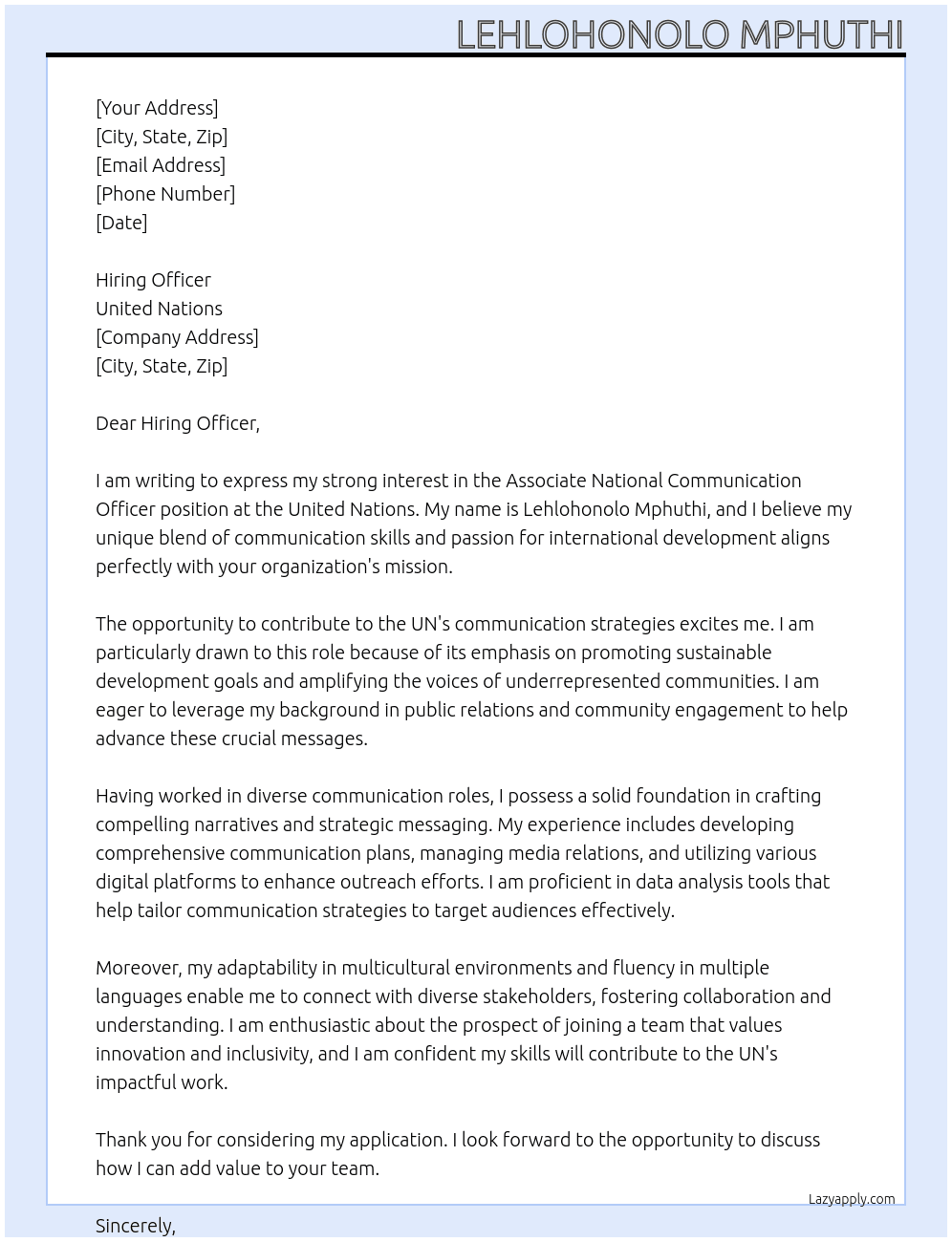 Cover letter for associate national communication officer - LazyApply