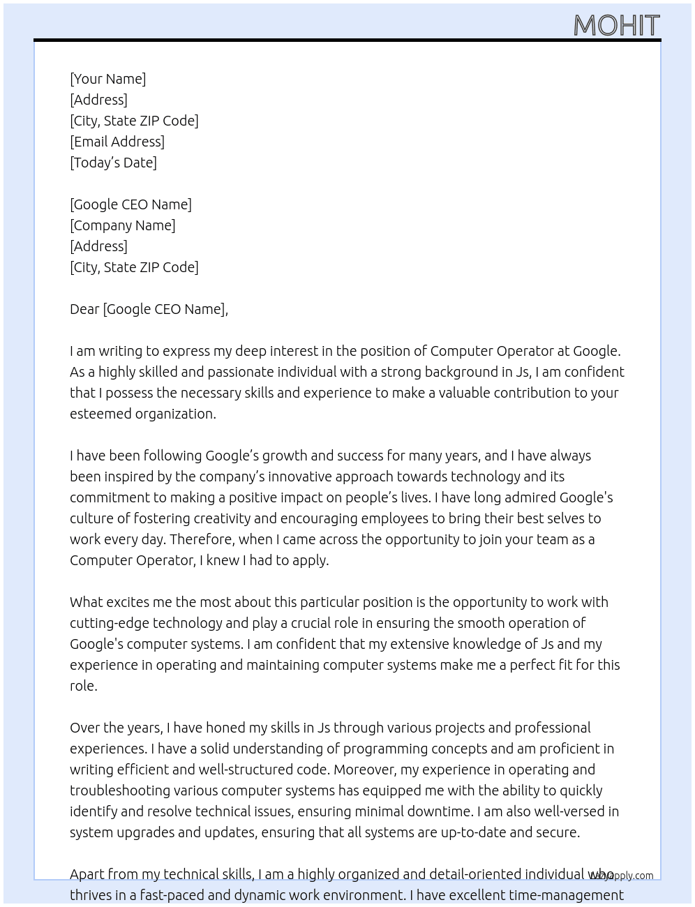 Computer Operator At Google ceo Cover Letter