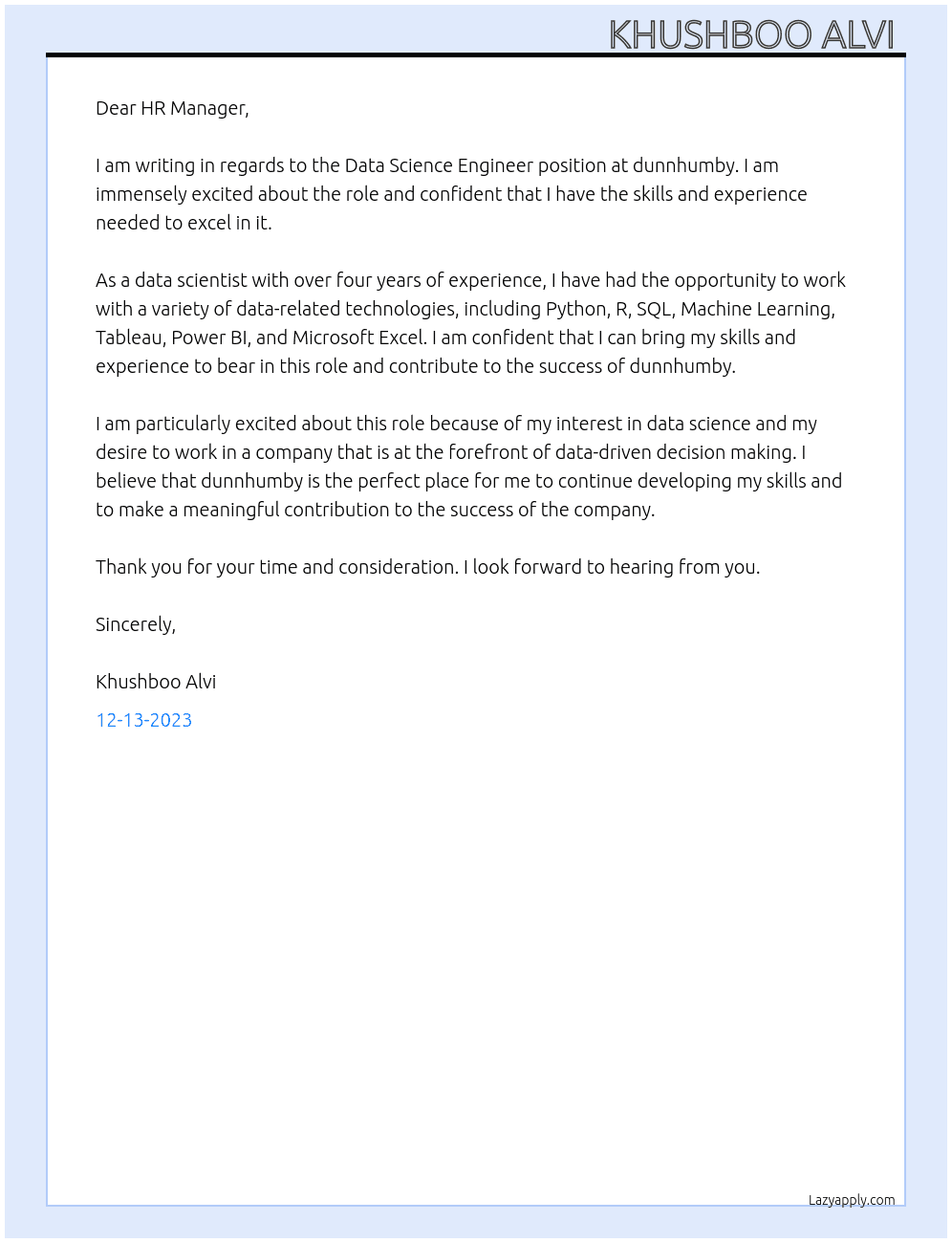 Data Science Engineer At dunnhumby Cover Letter