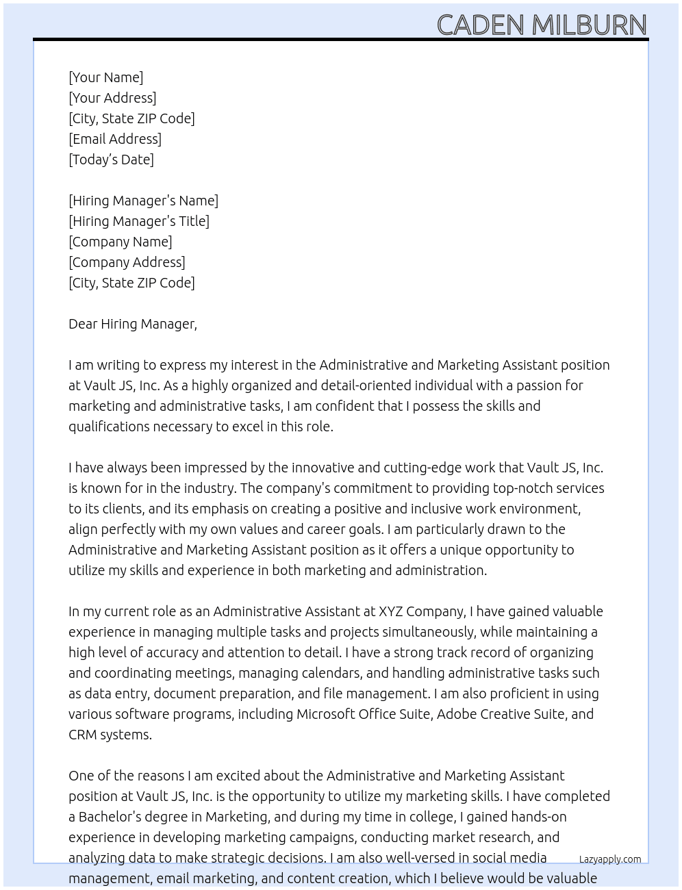 Administrative and Marketing Assistant At Vault JS, Inc Cover Letter