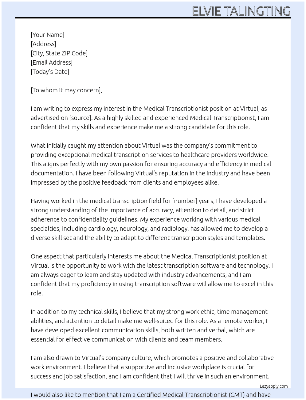 Medical Transcriptionist At Virtual Cover Letter