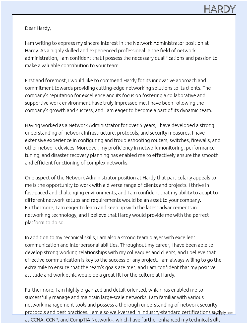 Network Administrator At Hardy Cover Letter