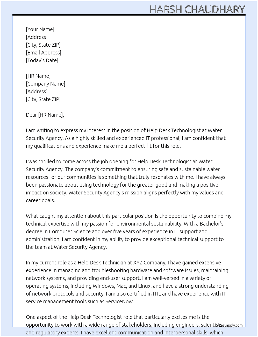 Help Desk Technologist At Water Security Agency Cover Letter