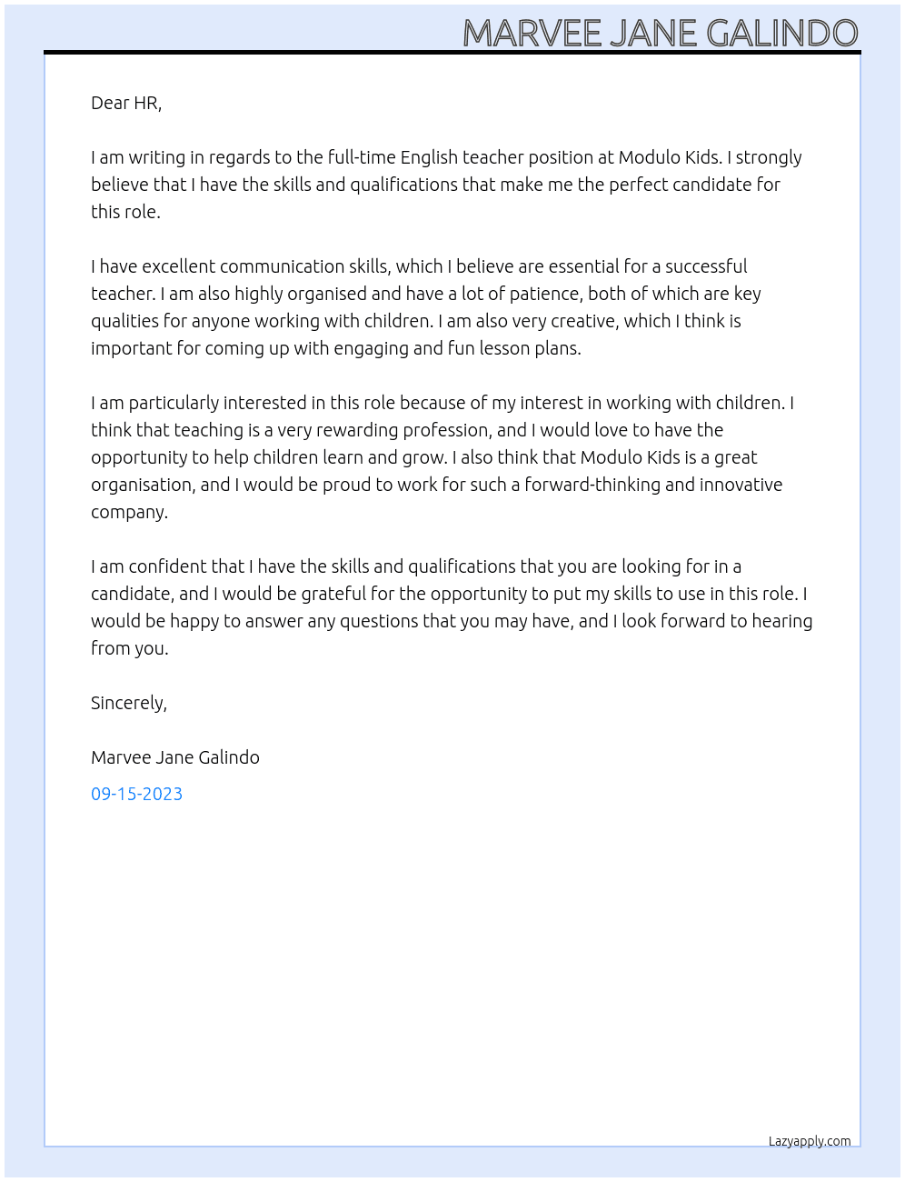 full-time English teacher At Modulo Kids Cover Letter