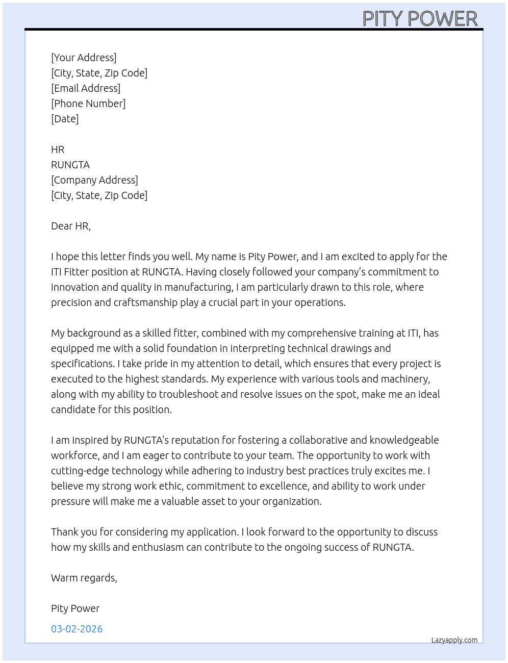ITI FITTER  At RUNGTA Cover Letter