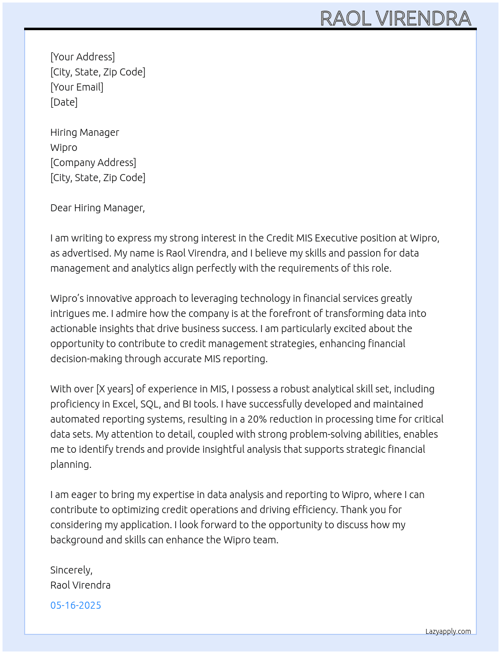 Cover letter for credit mis - LazyApply