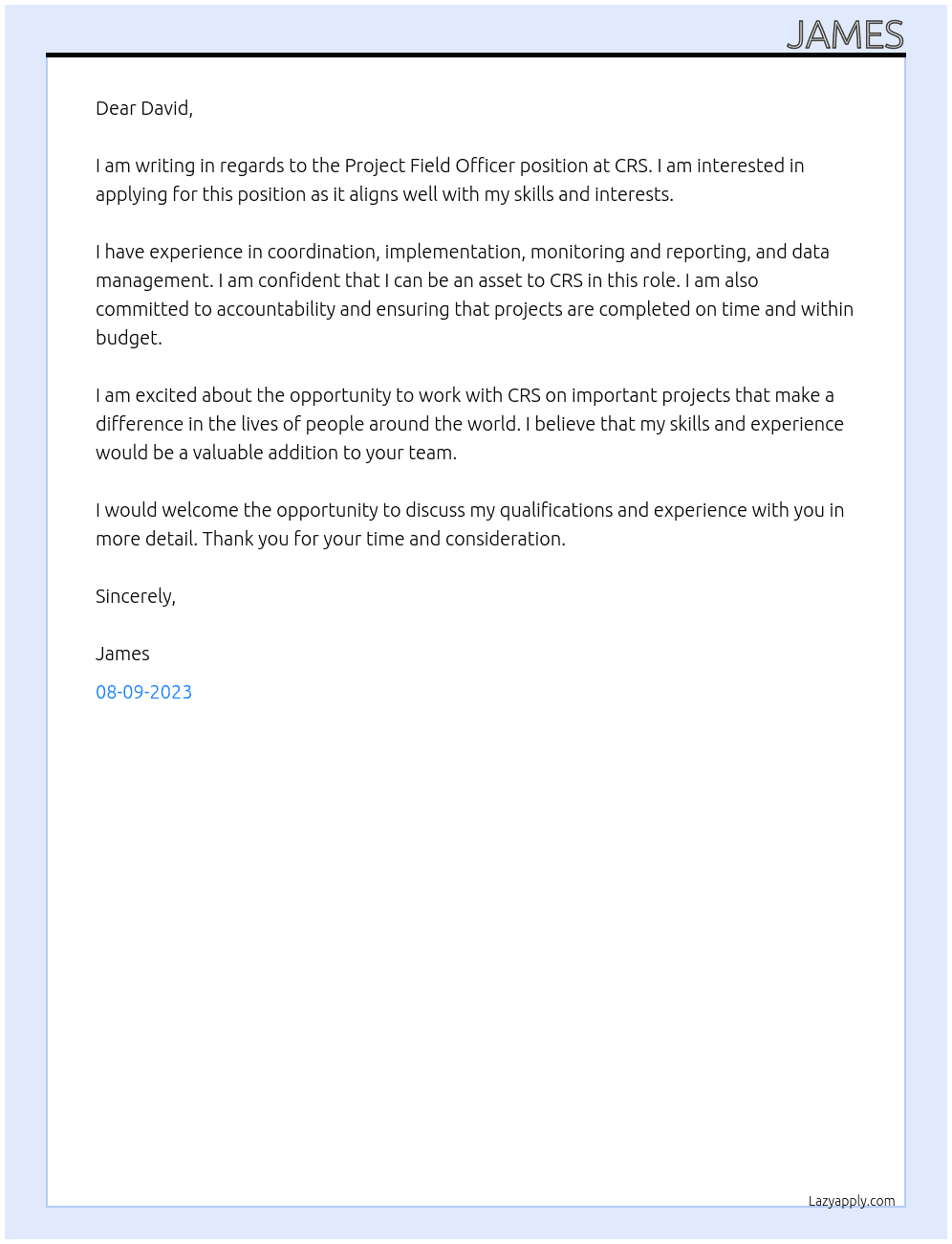 Project Field Officer At CRS Cover Letter