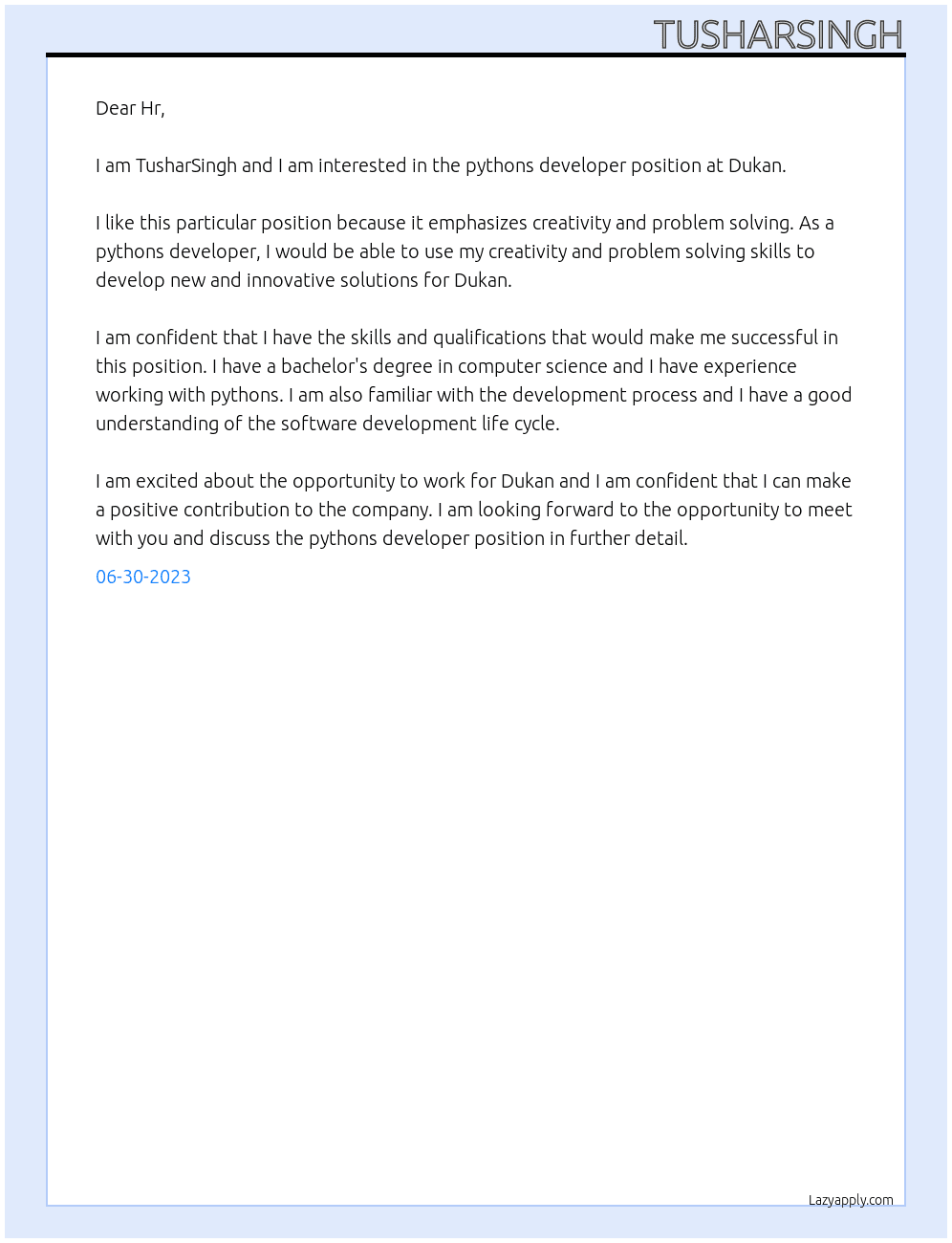 pythons developer At Dukan Cover Letter