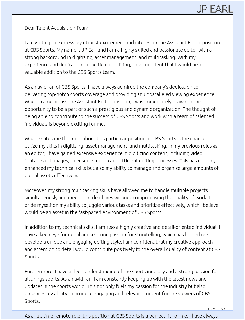Assistant Editor At CBS Sports Cover Letter