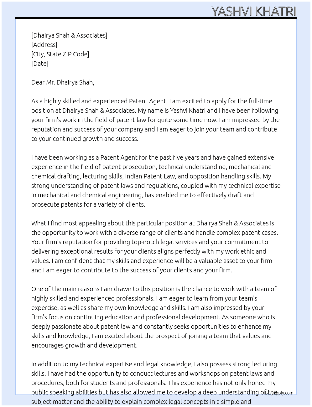 Patent Agent At Dhairya Shah & Associates Cover Letter