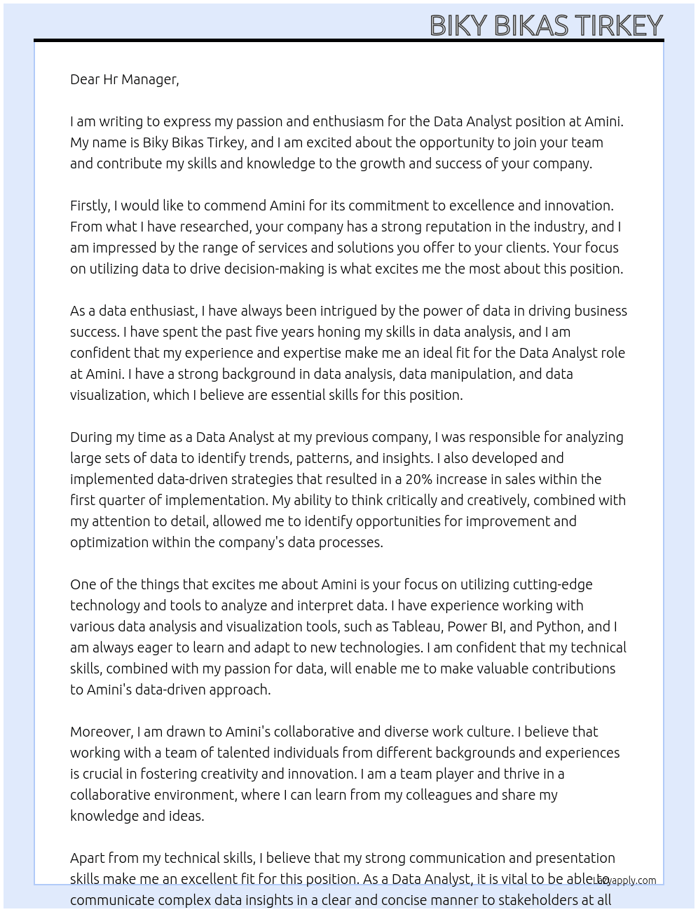 Data Analyst At Amini Cover Letter
