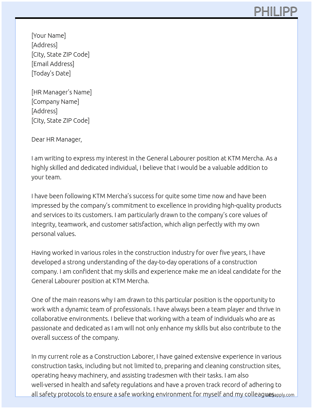 General Labourer At KTM Mercha Cover Letter