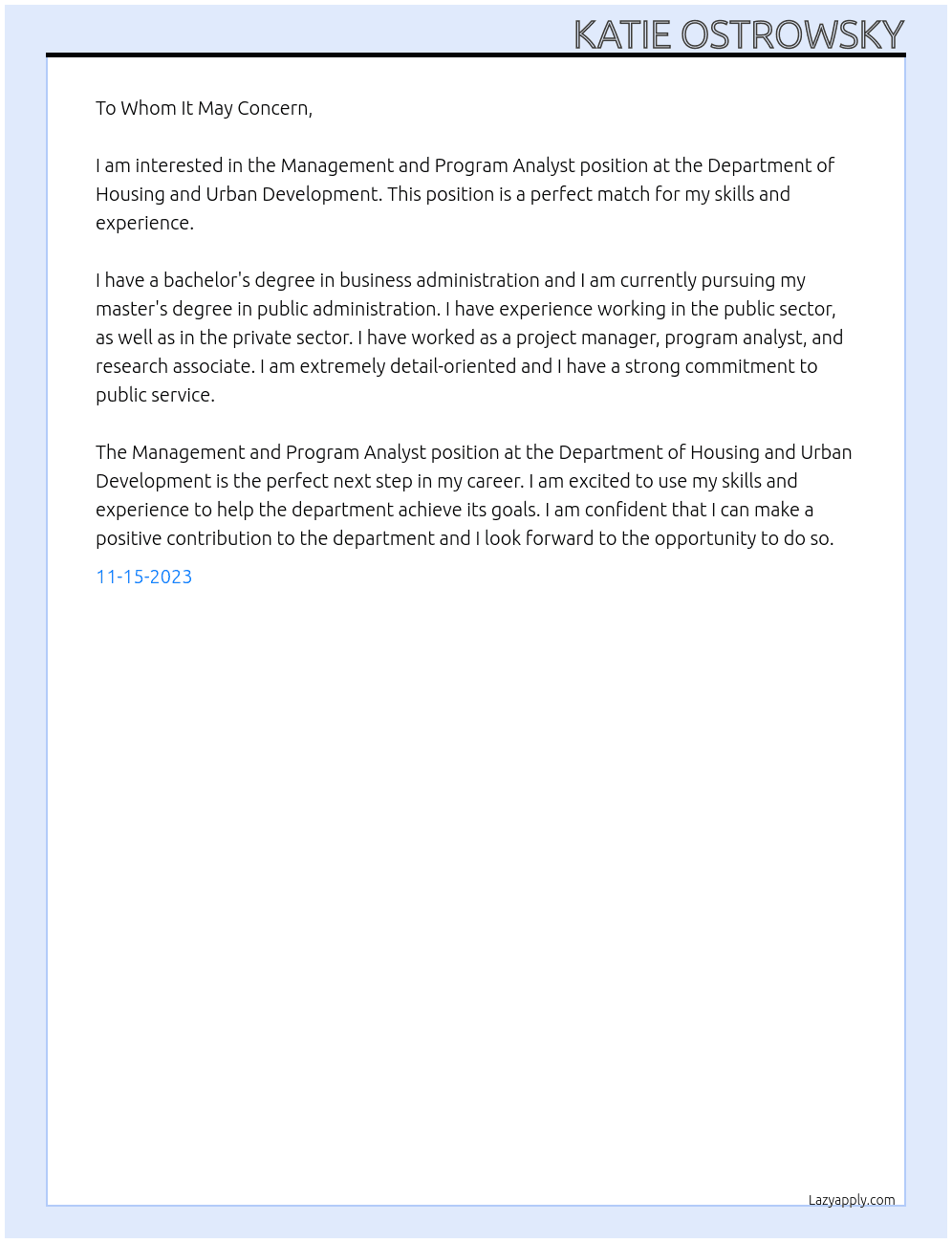 Management and Program Analyst At DEPARTMENT OF HOUSING AND URBAN DEVELOPMENT Cover Letter