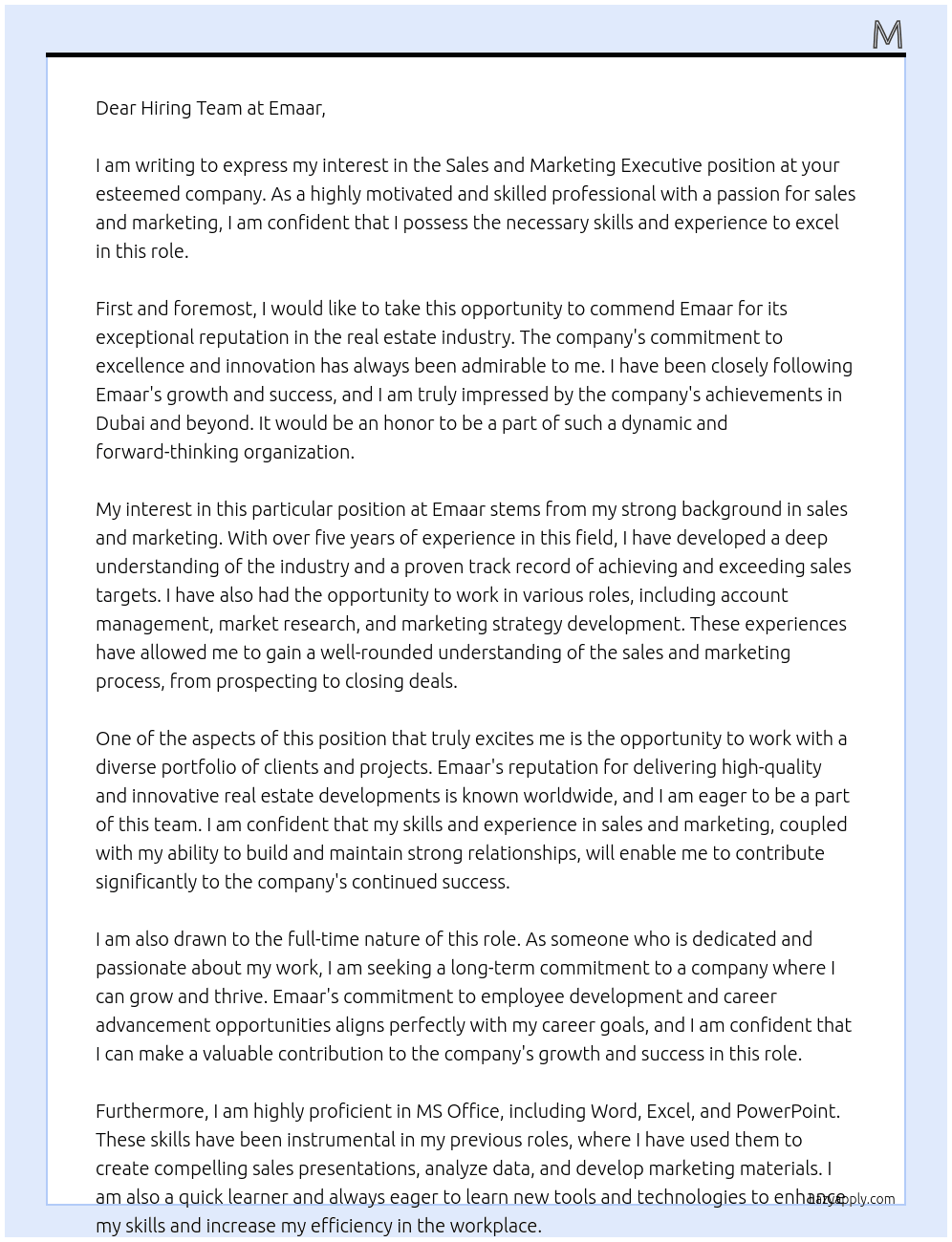 Sales and Marketing Executive. At Emaar Cover Letter