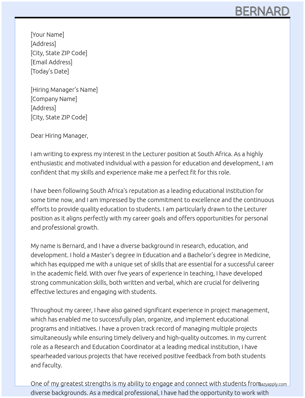 Lecturer At South Africa Cover Letter