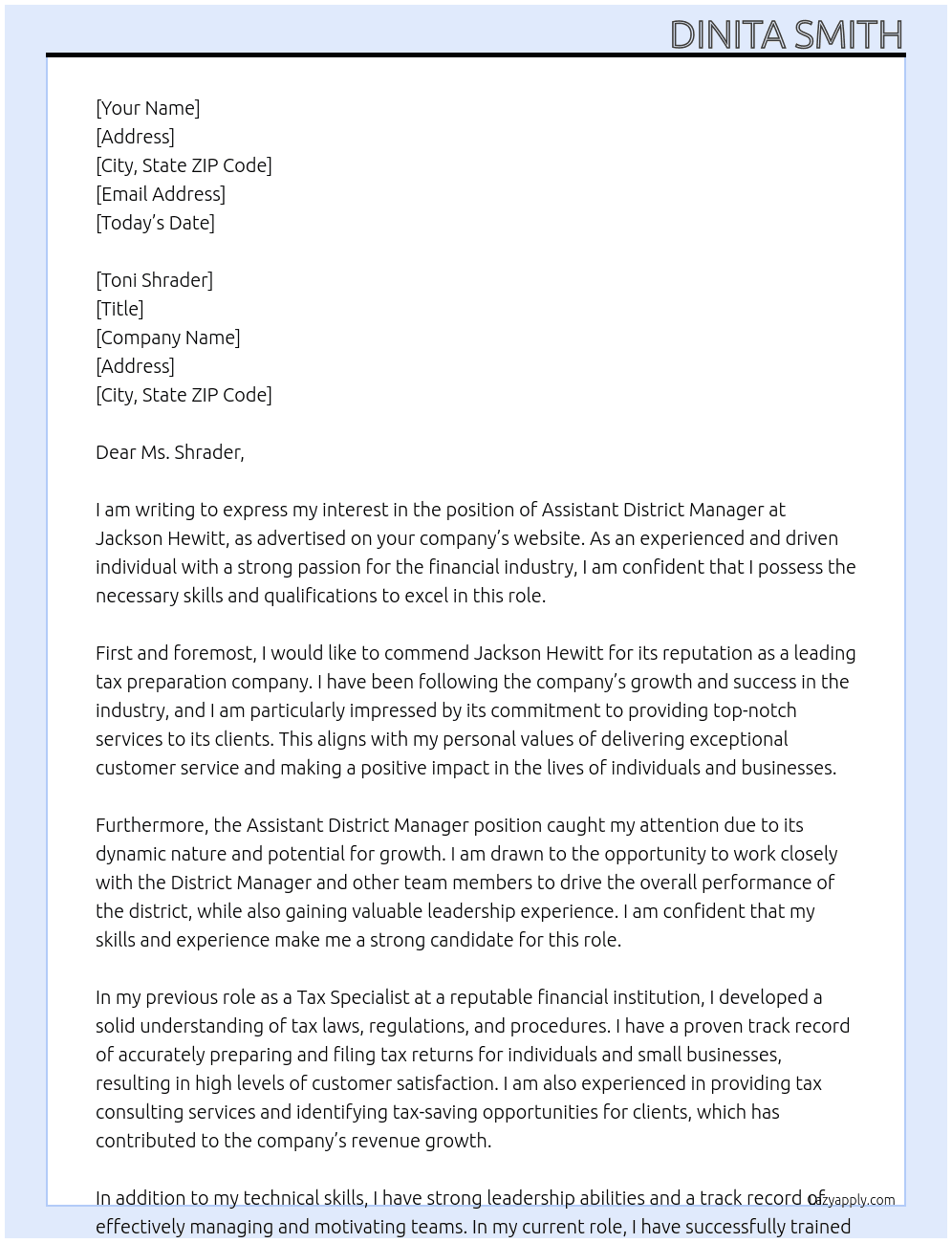 Assistant District Manager  At Jackson Hewitt  Cover Letter