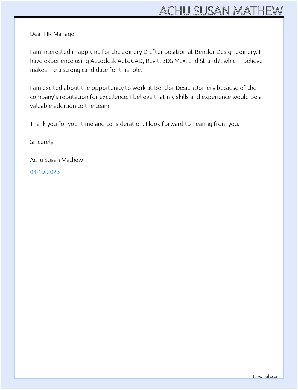 Joinery Drafter At Bentlor Design Joinery Cover Letter