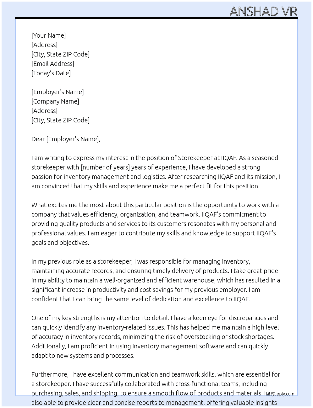 Storekeeper At IIQAF Cover Letter