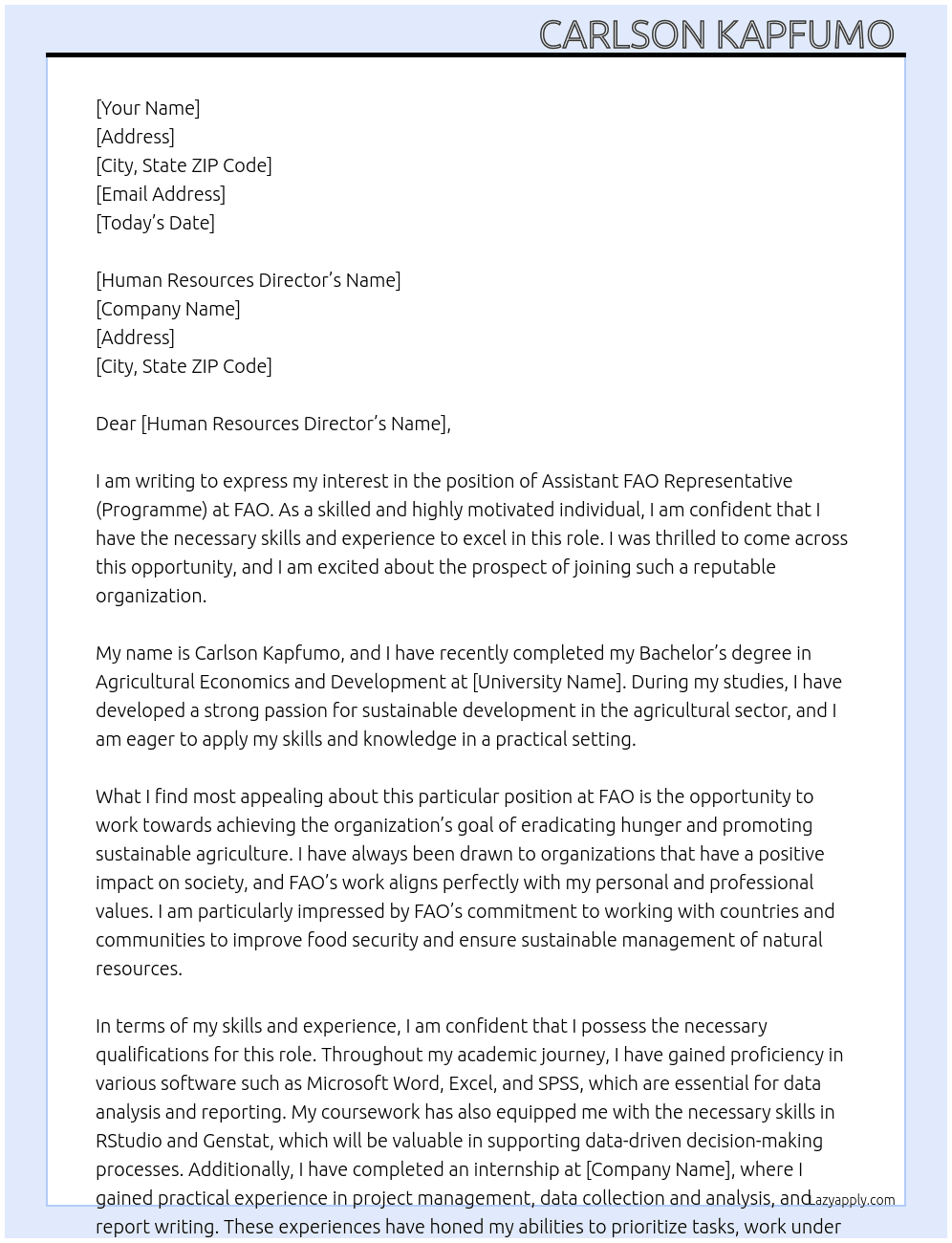  Assistant FAO Representative (Programme)  At FAO Cover Letter