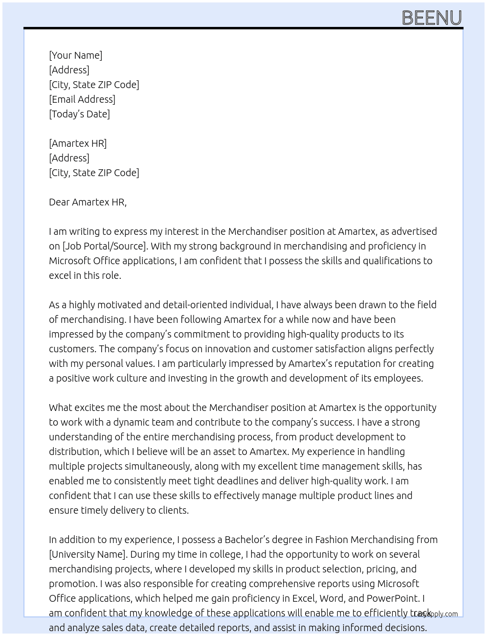 Merchandiser At Amartex  Cover Letter