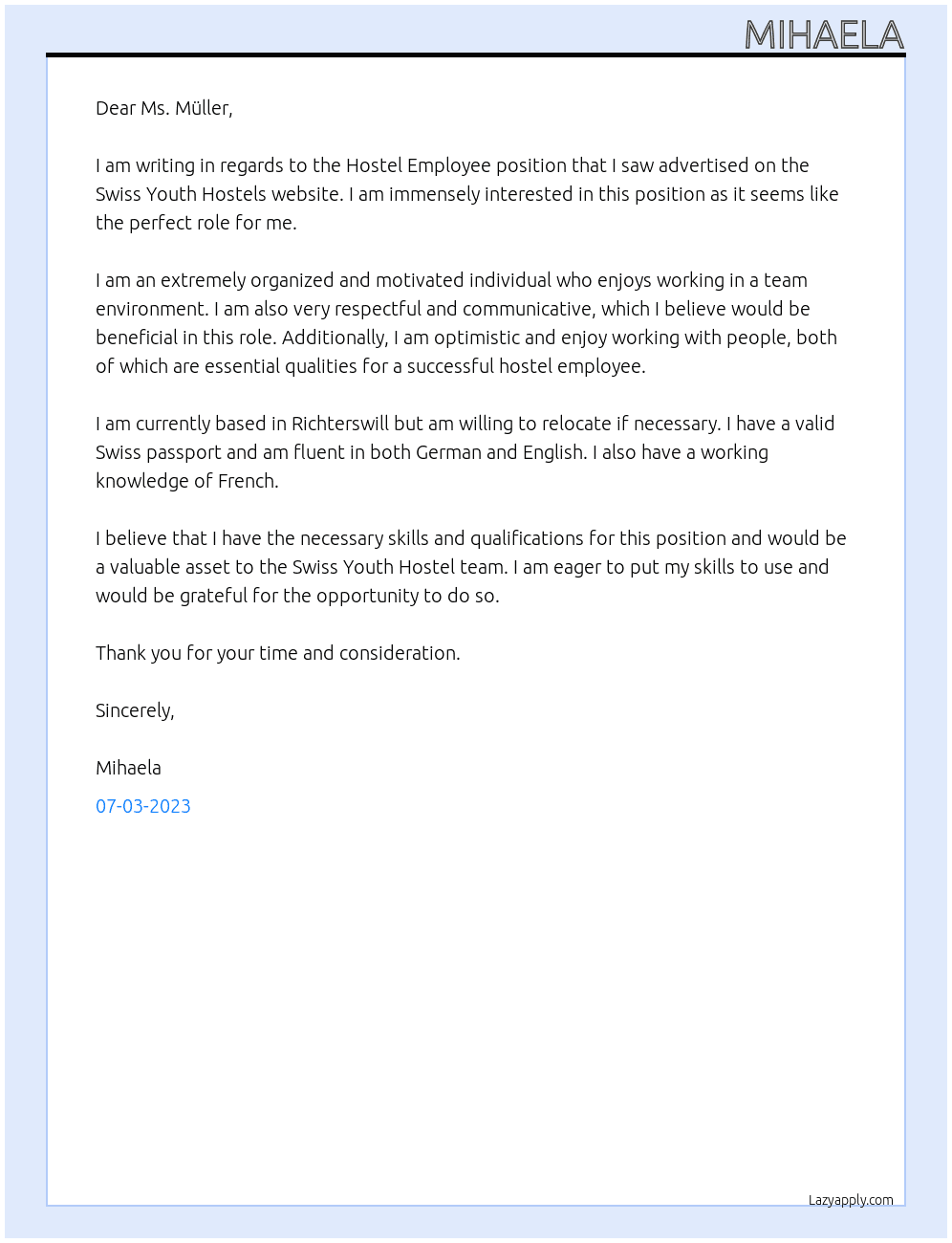 Hostel Employee At Swiss Youth Hostel Cover Letter