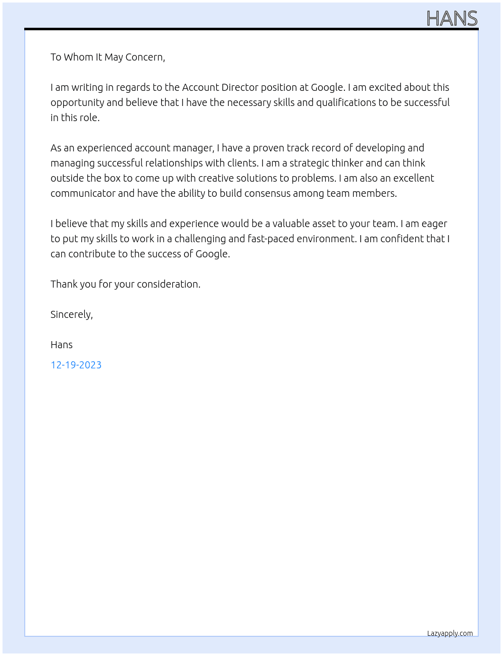 Account Director At Google Cover Letter