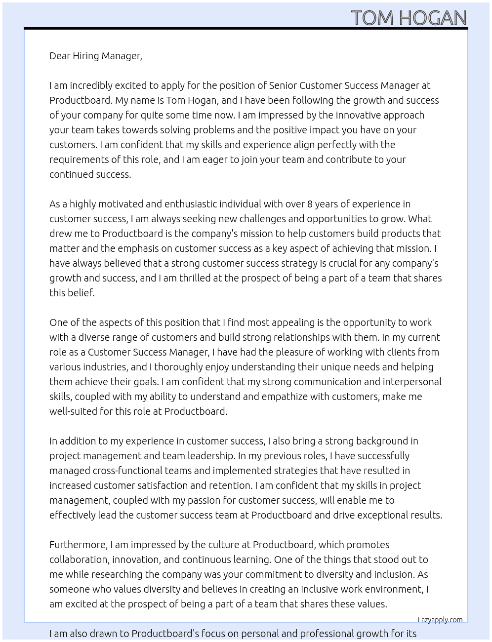 Senior Customer Success Manager  At Productboard  Cover Letter