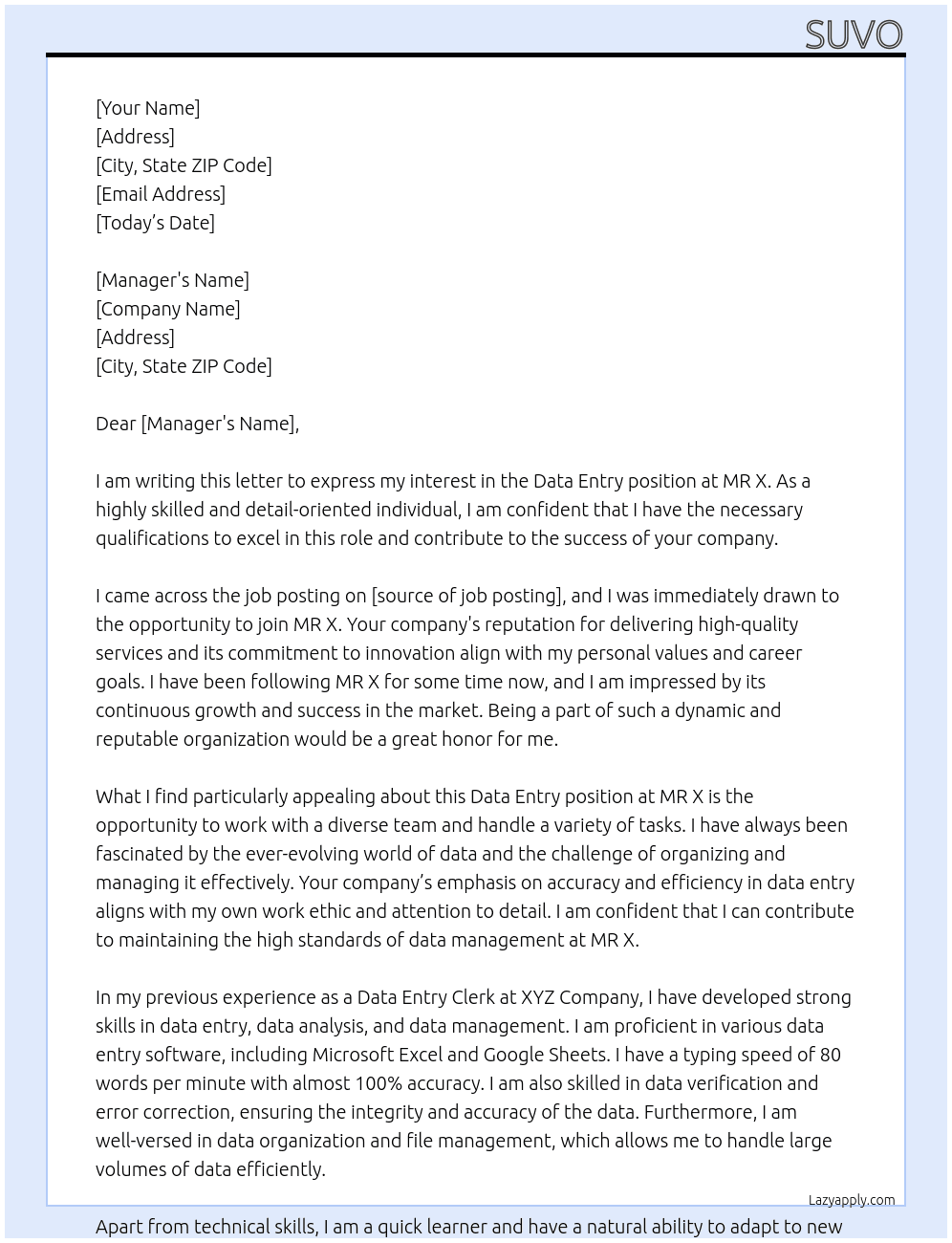 Data Entry  At MR X Cover Letter