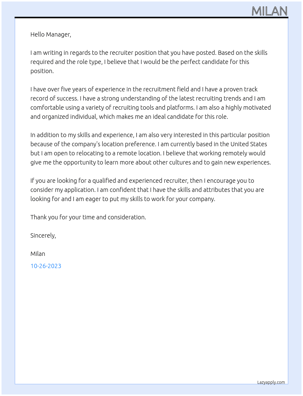 Recruiter  At Upeork Cover Letter