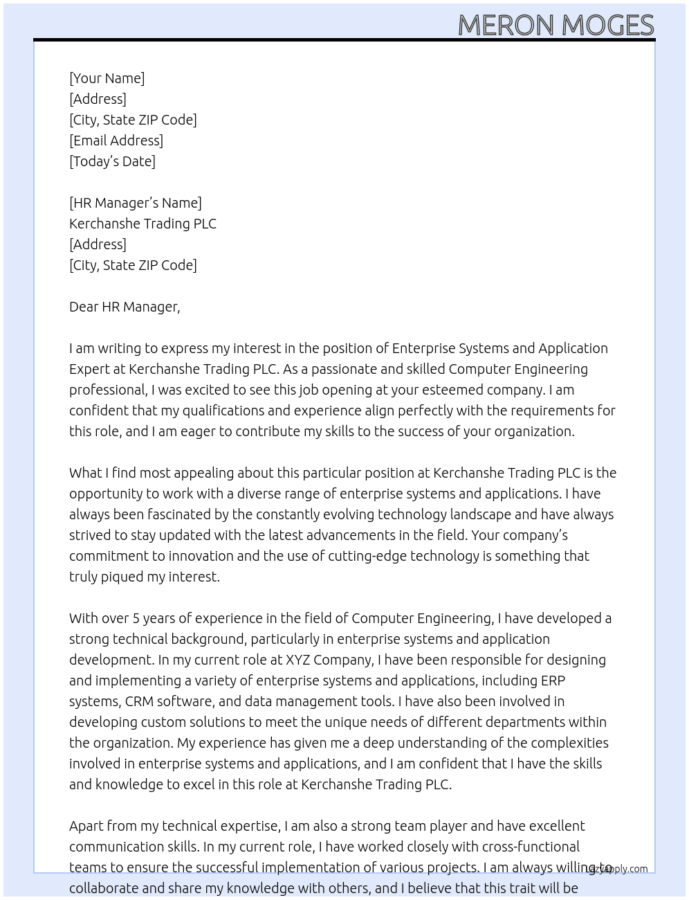 Enterprise Systems and Application Expert  (in Computer Engineering) At Kerchanshe Trading PLC Cover Letter