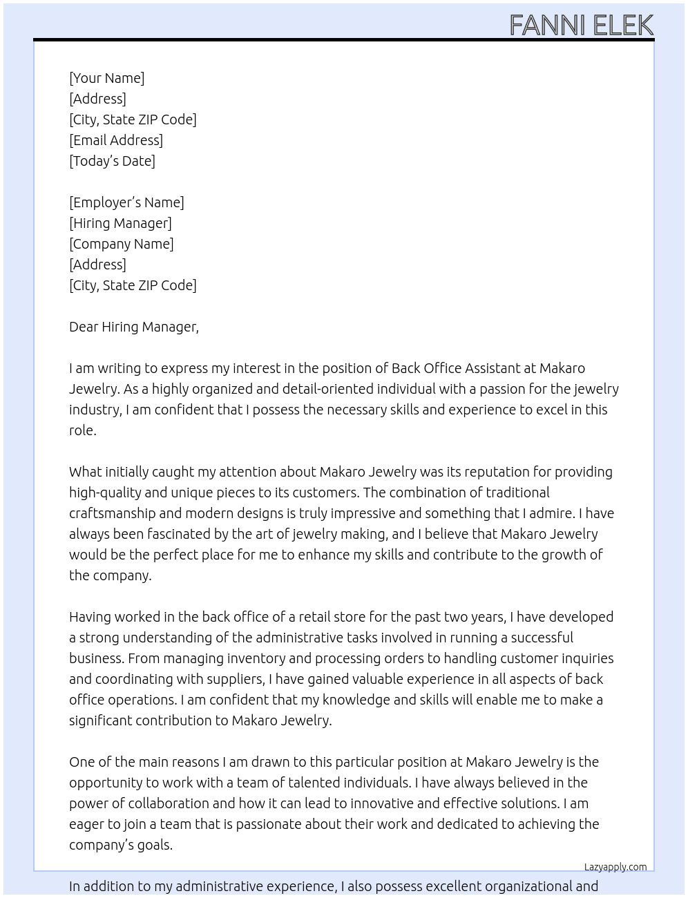 Back office assistant At Makaro Jewerly Cover Letter