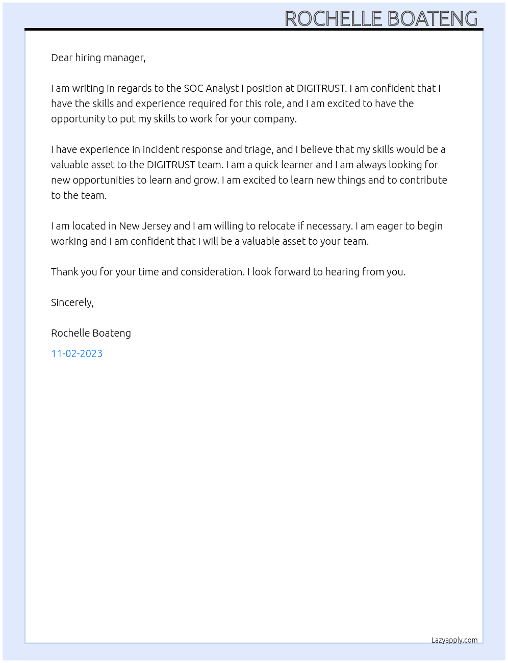 SOC Analyst i At DIGITRUST Cover Letter