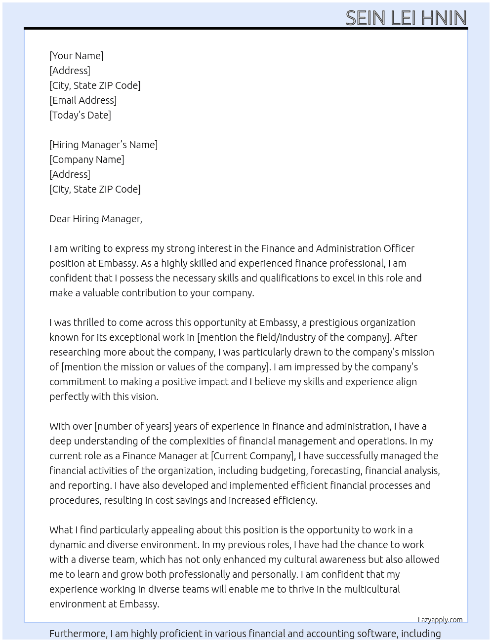 Finance and Administration Officer At Embassy Cover Letter